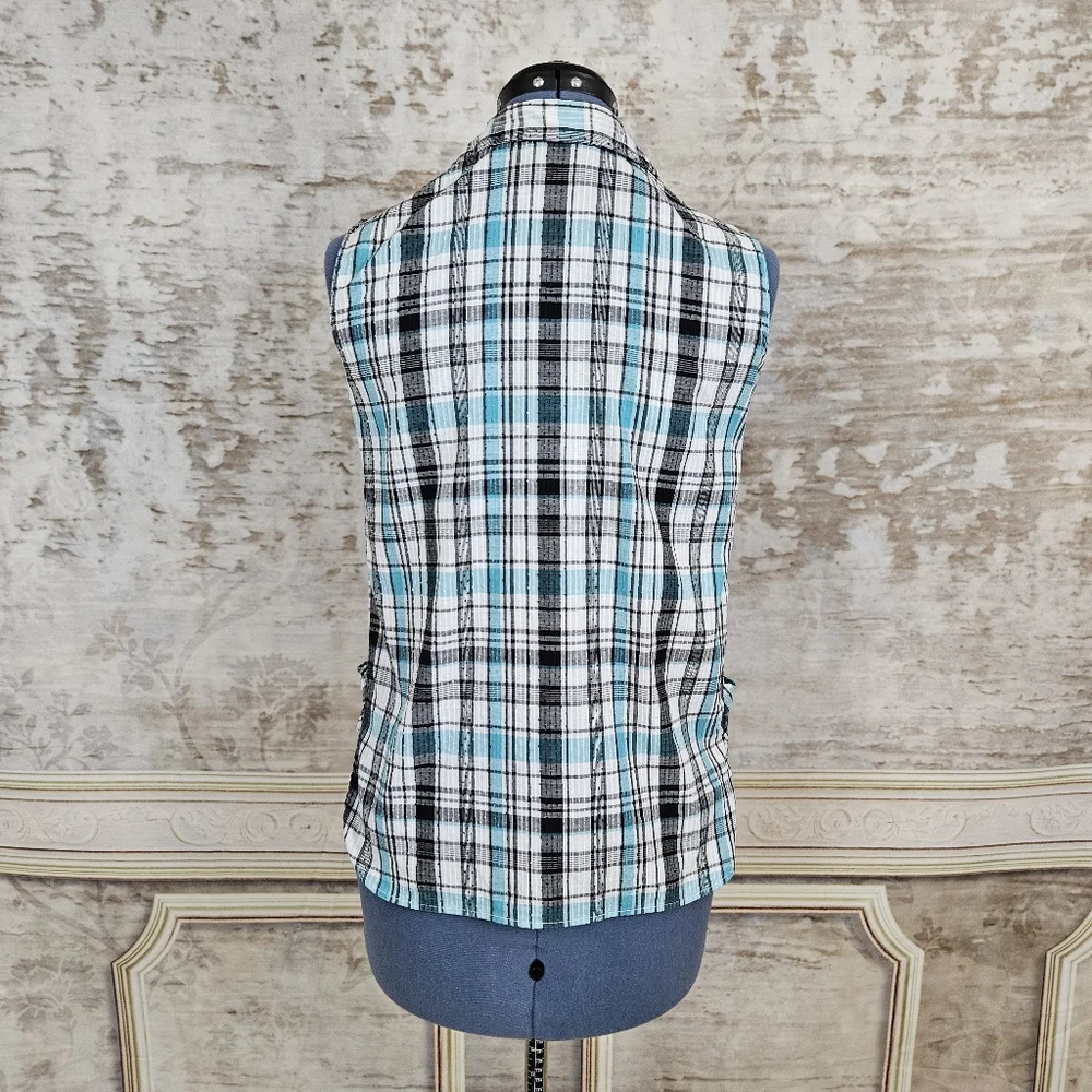 Vintage 1960s Seersucker Blouse XS Swiss Dot Blue Teal Black Rockabilly Plaid